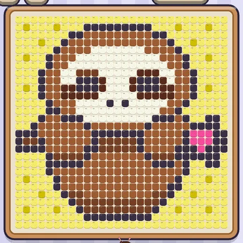 A pixel picture of a sloth made of yarn blocks