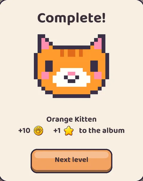 The level complete card with an orange kitten picture